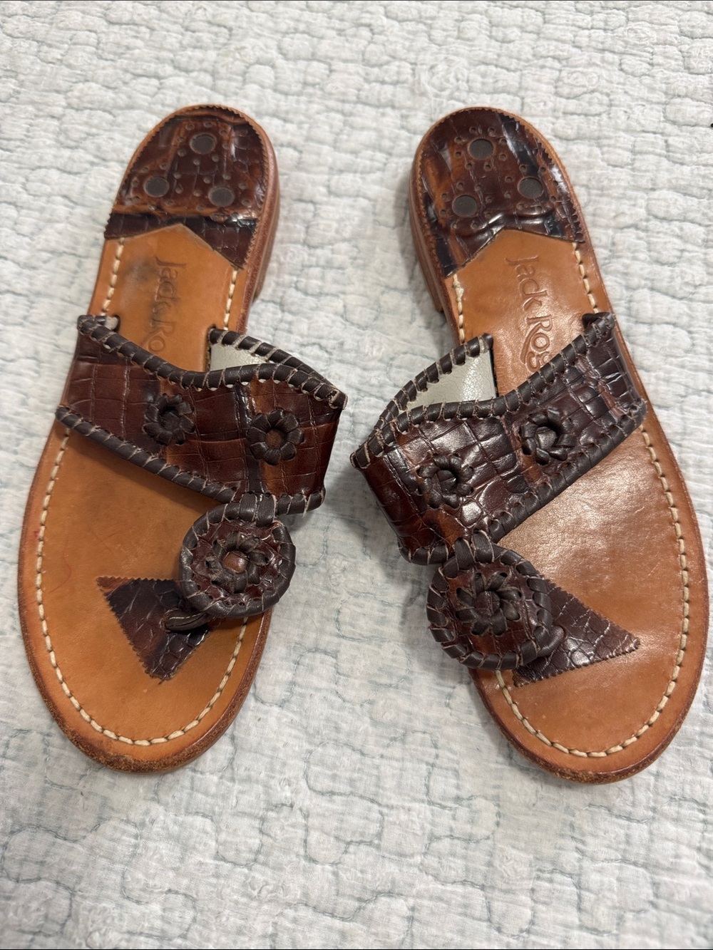 Jack Rogers Dark Brown Leather Floral Slide Sandals